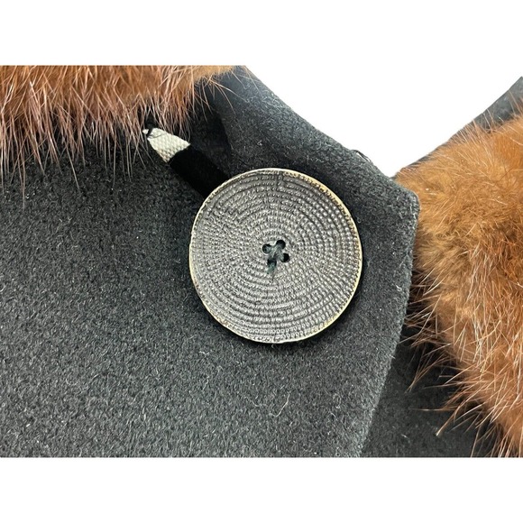 VTG Black Wool A-Line Swing Coat Scalloped Mink Collar Raglan Sleeves Jackie O - Picture 6 of 16